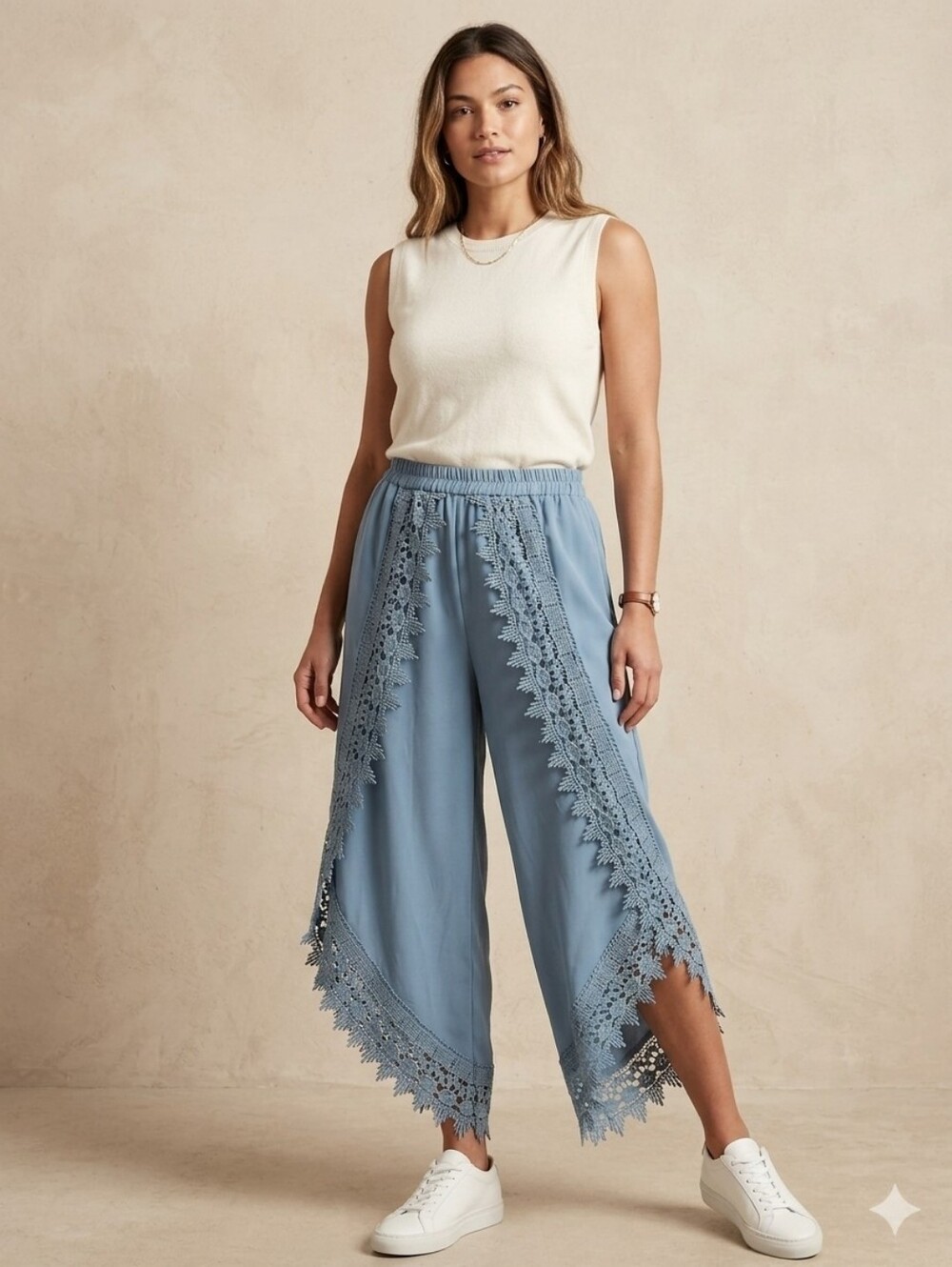 Boho Blue Lace Trim Asymmetrical Wide Leg Palazzo Harem Pants - Medium